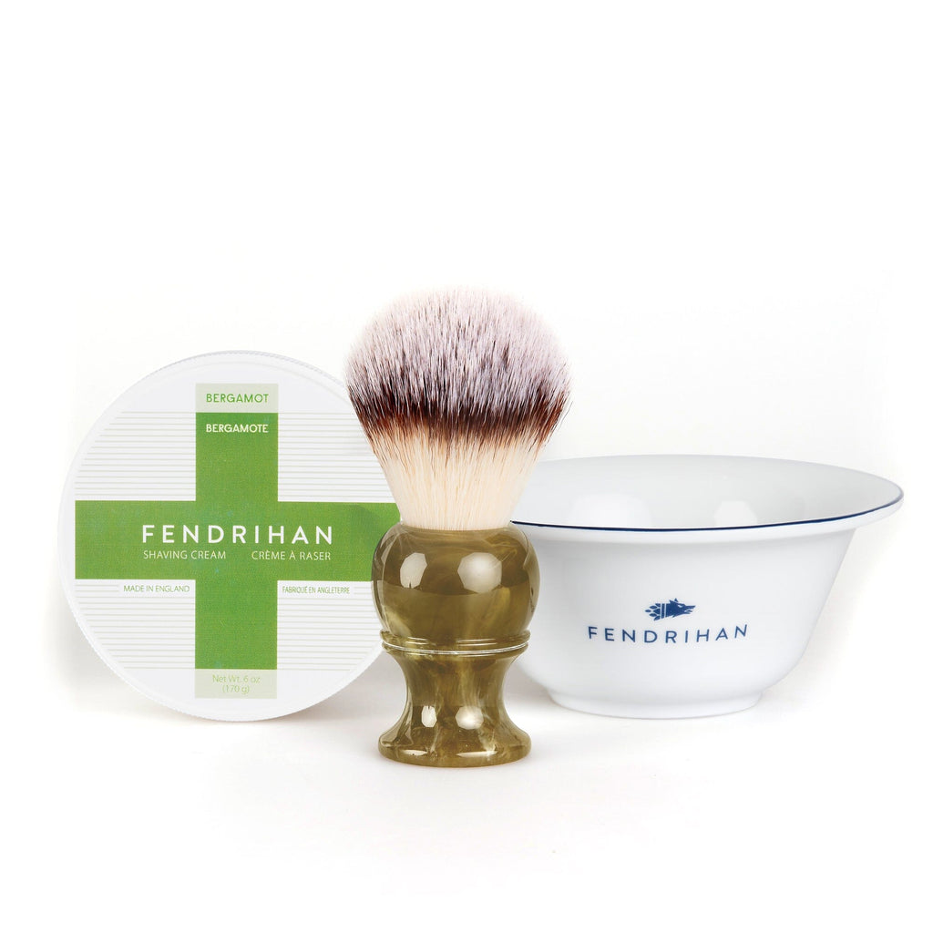 Fendrihan Shaving Cream, Porcelain Shaving Bowl and Shaving Brush Set, Save $15 Shaving Set Fendrihan Synthetic Silvertip - Faux Horn Resin Handle Bergamot Dark Blue